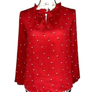 LOFT Outlet Red Tulip Floral Ruffle Neck Tie Front Tassel Blouse XXSP Petite